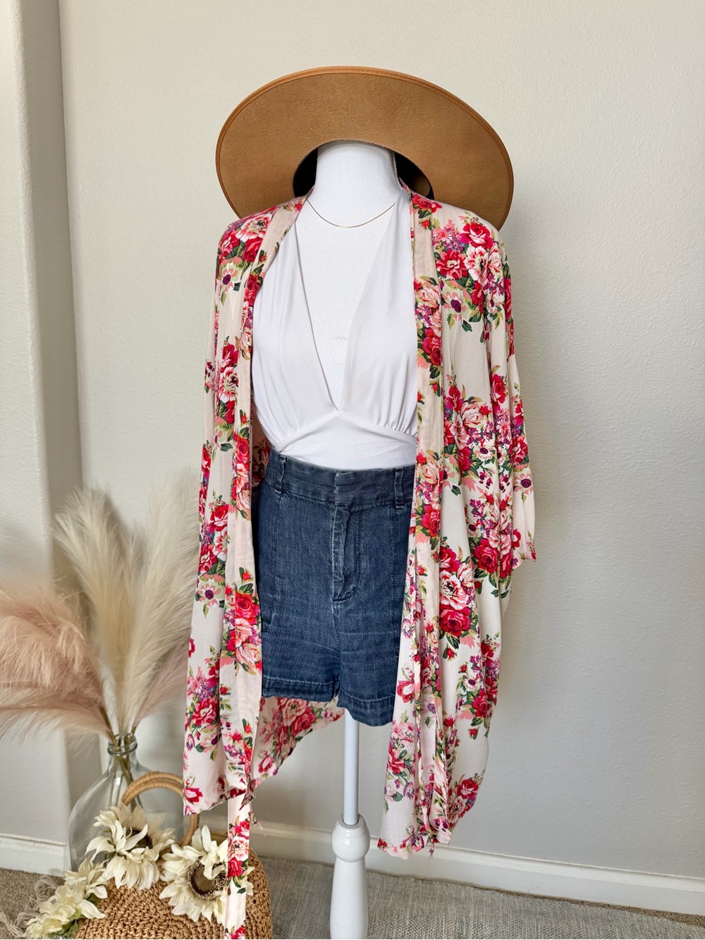 Floral Kimono Robe in Cream and Pink